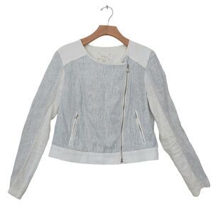 Lou & Grey Moto Zip Jacket Womens Medium White Blue Striped 100% Linen